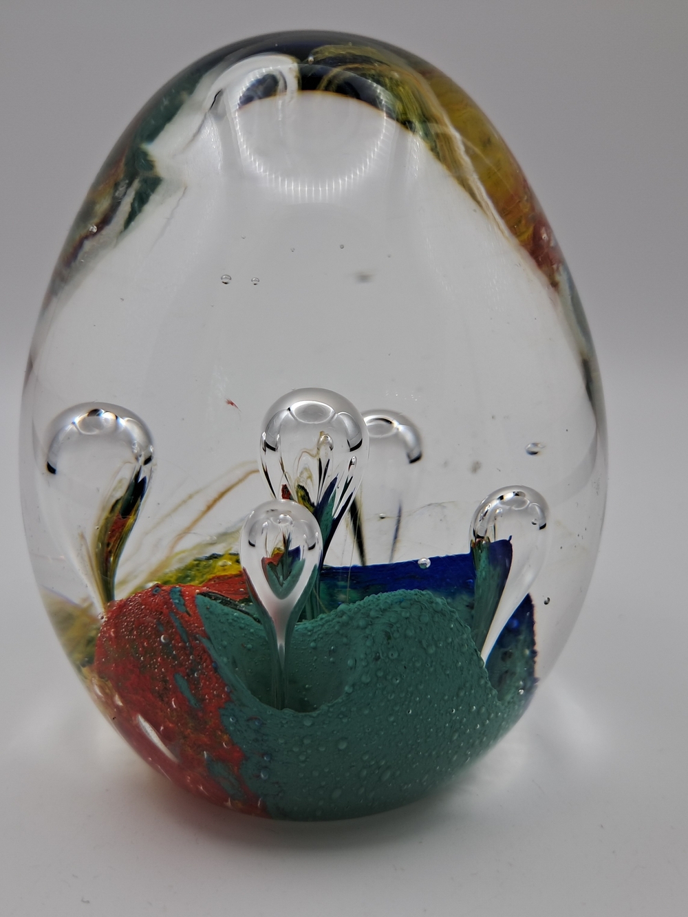 ​Vtg Controlled Bubble Art Glass Egg Paperweight Murano Style Multicolor